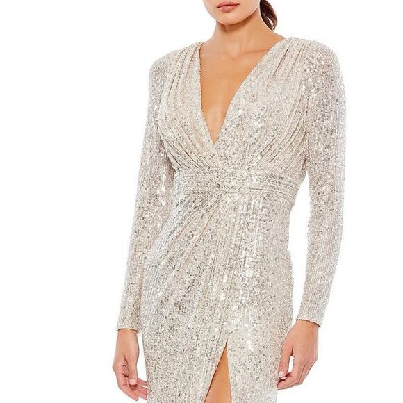 Ieena Mac Duggal Sequin Evening Gown White Champagne Leg Slit Size 16 - Picture 6 of 11